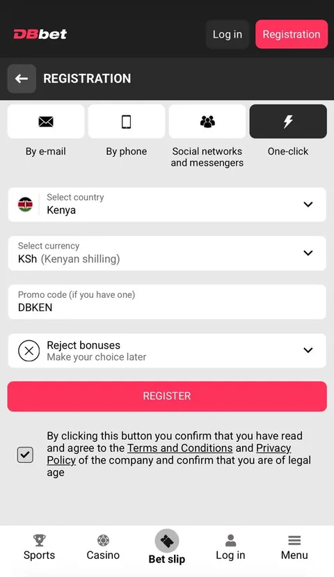 Register or log in to your DBBet Kenya account