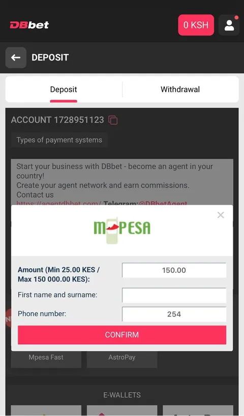 Enter the amount and confirm the M-Pesa deposit
